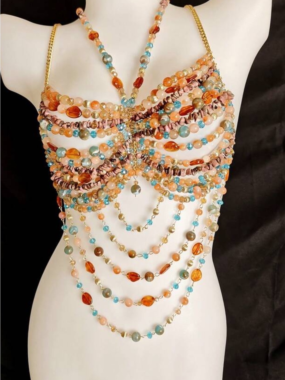 Beaded Multi-Strand Crop Top in Peach & Turquoise